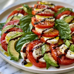 No-Cook Caprese Salad with Avocado on a white platter with heirloom tomatoes, fresh mozzarella, avocado slices, basil leaves, and balsamic glaze drizzle