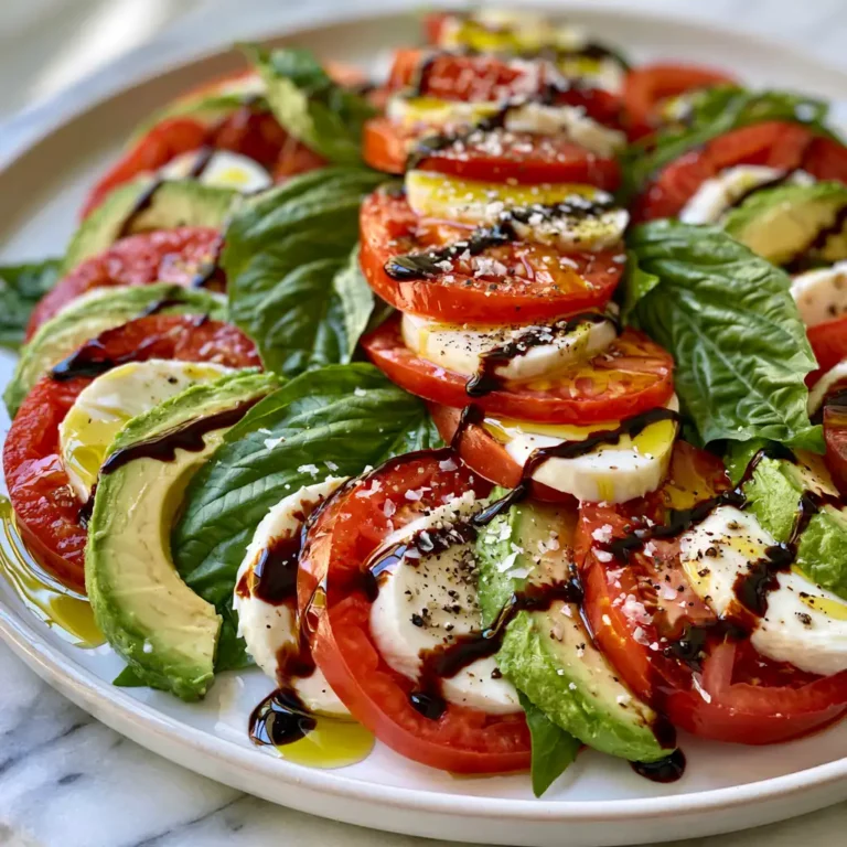 No-Cook Caprese Salad with Avocado on a white platter with heirloom tomatoes, fresh mozzarella, avocado slices, basil leaves, and balsamic glaze drizzle