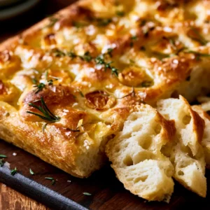 No-Knead Roasted Garlic Herb Focaccia on a wooden board showing golden crispy crust with deep dimples, roasted garlic cloves, and fresh rosemary pressed into an olive-oil-soaked surface