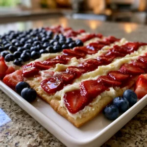 Patriotic Sugar Cookie Fruit Pizza decorated with an American flag design using fresh strawberries, blueberries, and cream cheese frosting