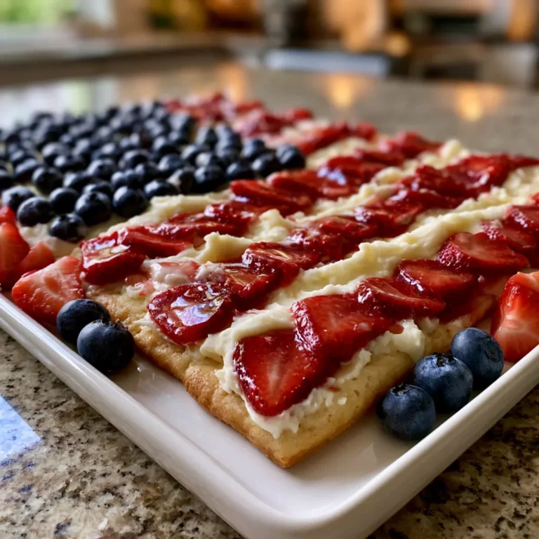Patriotic Sugar Cookie Fruit Pizza decorated with an American flag design using fresh strawberries, blueberries, and cream cheese frosting
