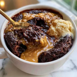 Peanut Butter Chocolate Lava Mug Cake in a white ceramic mug with molten peanut butter flowing from the center and a scoop of vanilla ice cream melting on top