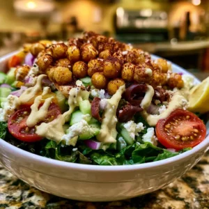 Roasted Chickpea Salad Bowl with crispy chickpeas, fresh vegetables, crumbled feta, and creamy tahini dressing