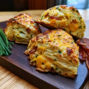 Savory Bacon Cheddar Chive Scones on a white ceramic board showing tall golden flaky scones with visible cheddar crust, bacon pieces, and fresh chives