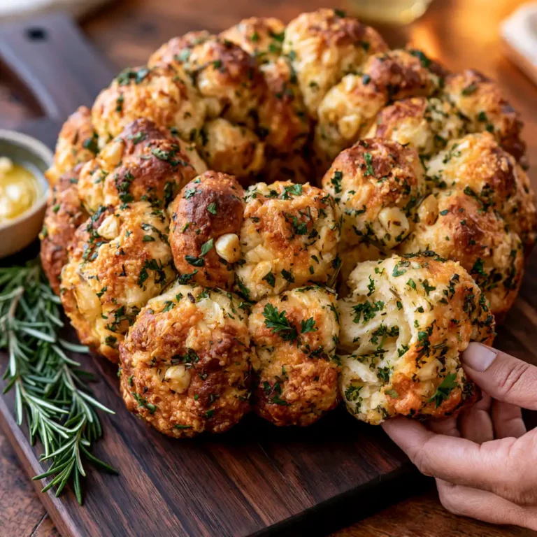 Savory Garlic Herb Monkey Bread on a wooden serving board showing golden pull-apart dough pieces with garlic butter, fresh herbs, and parmesan cheese visible throughout