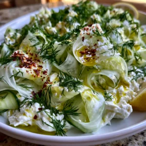 Shaved Cucumber Ribbon Salad with Creamy Feta on a flat white platter with translucent cucumber ribbons, whipped feta dressing, fresh dill, and a drizzle of olive oil