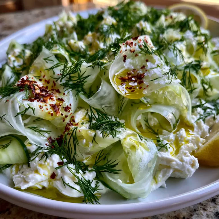 Shaved Cucumber Ribbon Salad with Creamy Feta on a flat white platter with translucent cucumber ribbons, whipped feta dressing, fresh dill, and a drizzle of olive oil