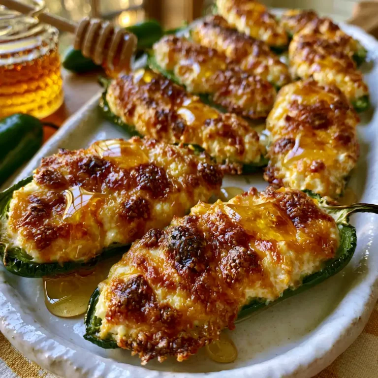 Sheet Pan Baked Jalapeño Poppers with Honey Drizzle on a white ceramic board with golden bubbly cream cheese filling and a honey drizzle over blistered jalapeño halves