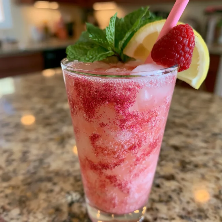 Sparkling Pink Lemonade Glitter Mocktail in a tall glass with pink glitter swirling through sparkling lemonade, fresh raspberry and lemon garnish