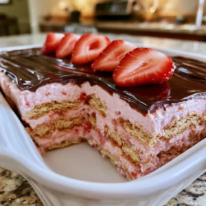 Strawberry No-Bake Eclair Cake in a white baking dish sliced to show layered graham crackers, strawberry cream filling, and chocolate glaze