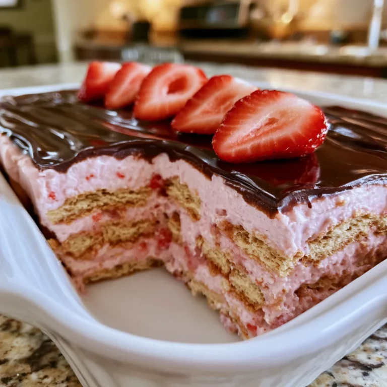 Strawberry No-Bake Eclair Cake in a white baking dish sliced to show layered graham crackers, strawberry cream filling, and chocolate glaze