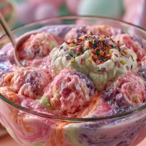 Unicorn Glitter Punch in a clear punch bowl with rainbow sherbet scoops, pink and purple swirling colors, edible glitter, and whipped cream