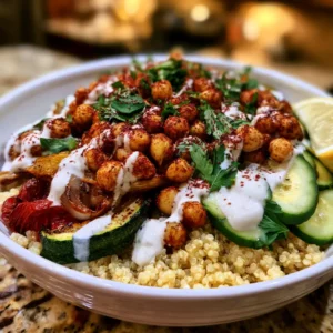 Warm Spiced Chickpea Grain Bowl with quinoa, roasted vegetables, golden chickpeas, fresh herbs, and creamy tahini dressing