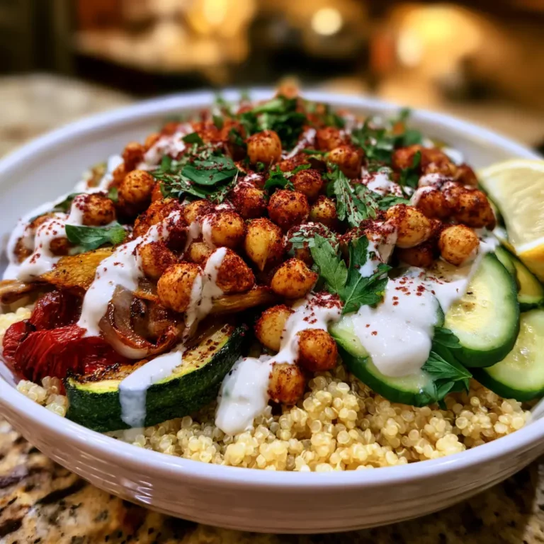 Warm Spiced Chickpea Grain Bowl with quinoa, roasted vegetables, golden chickpeas, fresh herbs, and creamy tahini dressing