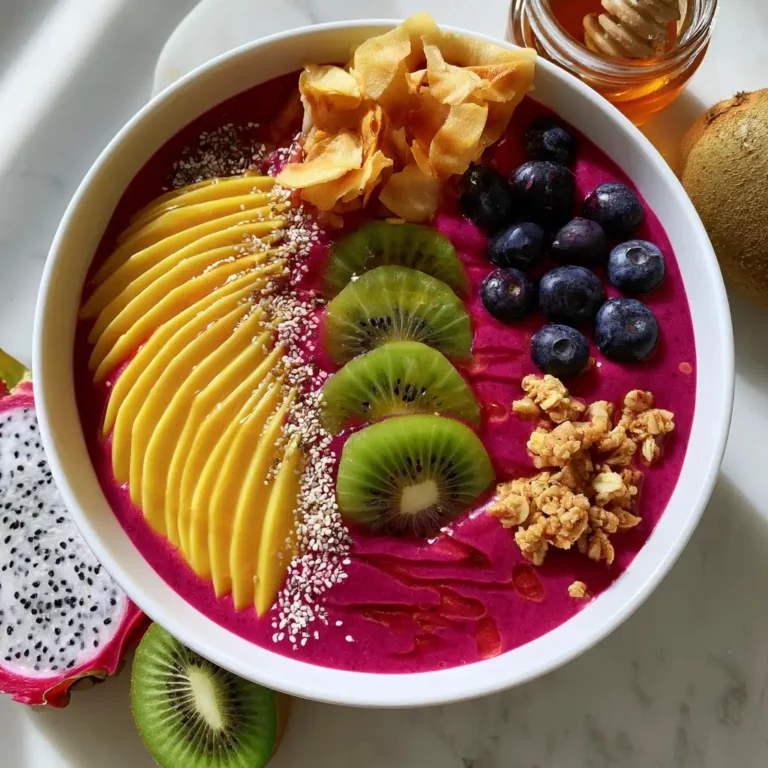 Dragon Fruit Coconut Milk Smoothie Bowl in a white ceramic bowl showing deep magenta pitaya base topped with mango slices, kiwi rounds, blueberries, toasted coconut flakes, and a honey drizzle