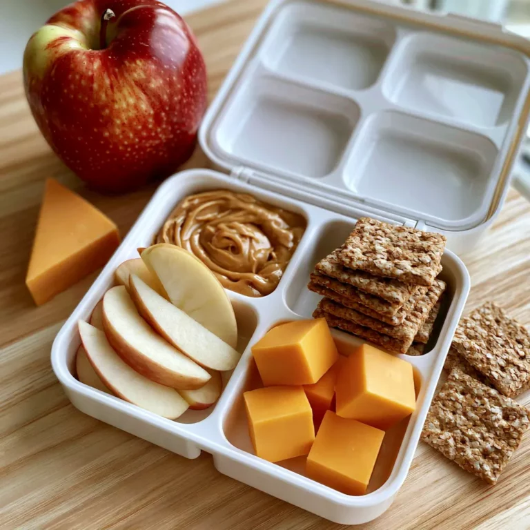 Kids Snack Bento Box with peanut butter, apple slices, cheddar cheese cubes, and whole grain crackers in a divided container