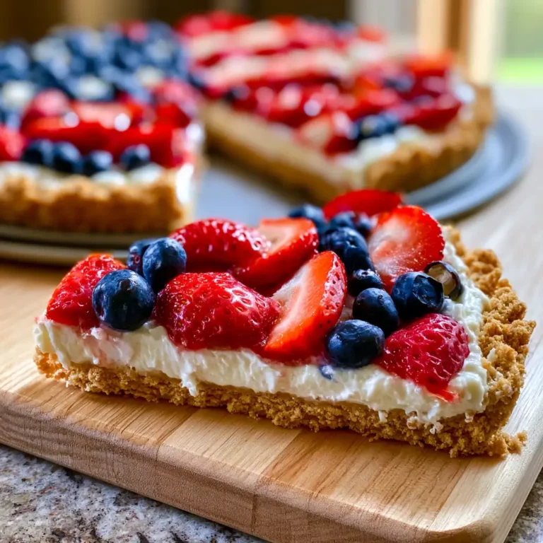No-Bake Red White Blue Cheesecake Fruit Pizza on a pizza pan with graham cracker crust, creamy white cheesecake filling, and fresh strawberries and blueberries in a flag pattern