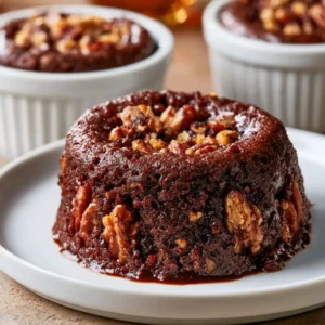 Pecan Chocolate Lava Cake on a white plate with warm molten dark chocolate flowing from the center and toasted pecan halves visible on the exterior with vanilla ice cream melting alongside