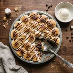Giant S'mores Cookie Dough Pie in a metal pie dish showing golden toasted marshmallows with dark spots, dark chocolate drizzle, and crushed graham crackers with a large spoon and vanilla ice cream alongside