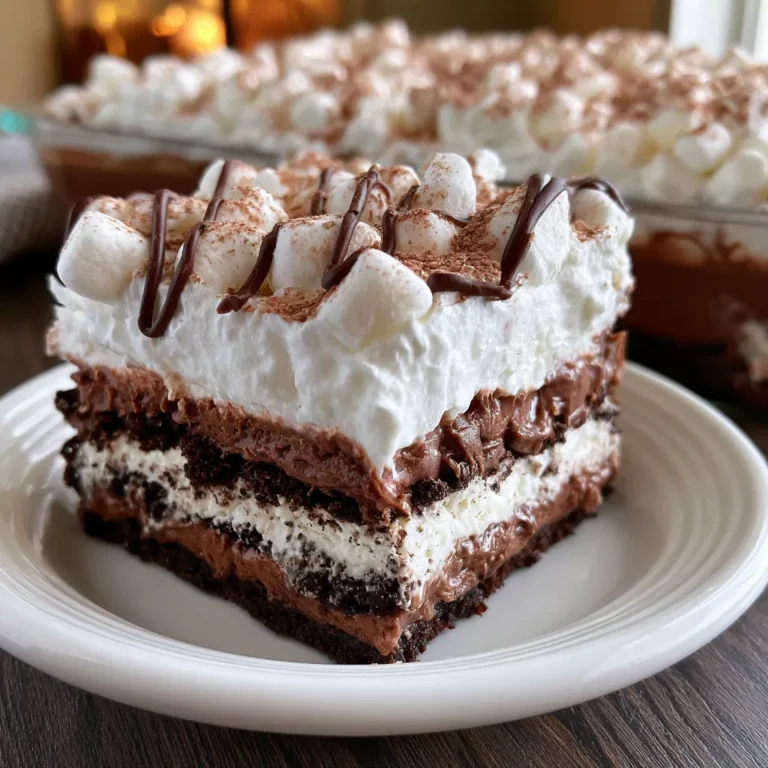 Hot Chocolate Lasagna in a white 9x13 pan showing dark chocolate Oreo crust layers under whipped cream topped with mini marshmallows, cocoa powder dusting, and chocolate drizzle