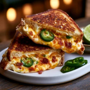 Jalapeño Popper Grilled Cheese on a white board showing a diagonal slice with visible cream cheese, melted cheddar, jalapeño slices, and crispy bacon between golden sourdough