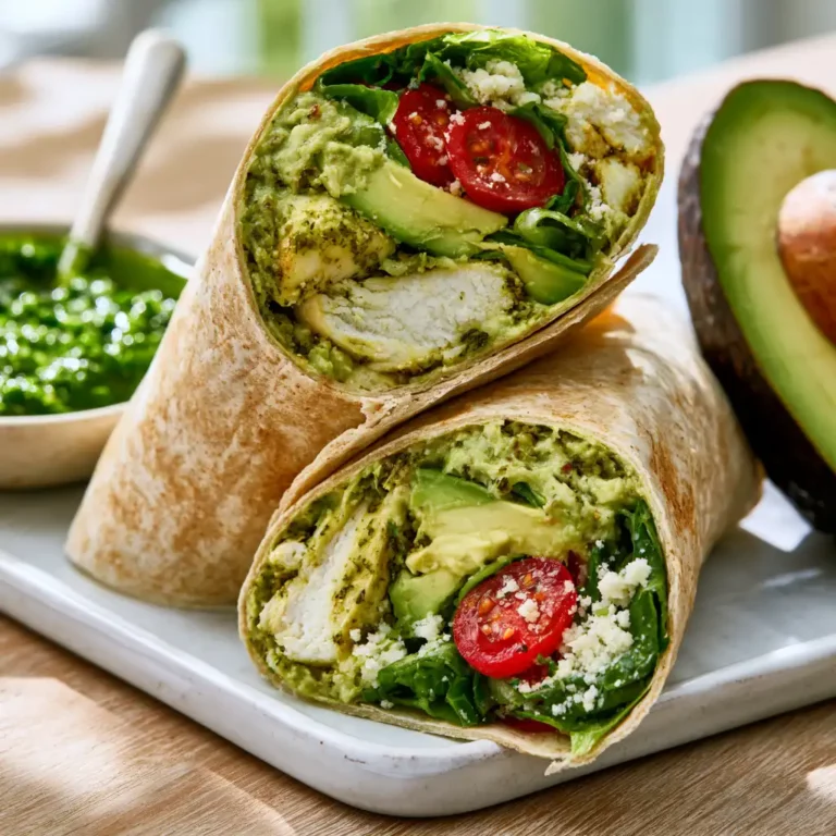 Pesto Chicken Avocado Salad Wraps on a white board showing two diagonal halves with visible layers of pesto chicken, avocado, romaine, and cherry tomatoes in a flour tortilla