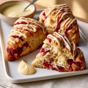 Raspberry White Chocolate Scones on a white ceramic board showing tall golden flaky scones with visible raspberry pieces and a white chocolate glaze drizzle across the surface