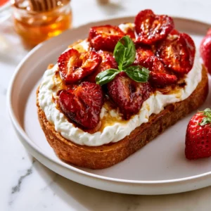 Roasted Strawberry Whipped Ricotta Toast on a white ceramic plate showing thick golden sourdough spread with silky whipped ricotta topped with jammy roasted strawberries, honey drizzle, and fresh basil