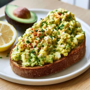 Zesty Avocado Egg Salad on thick sourdough toast showing creamy green-yellow avocado egg mixture with smoked paprika, fresh chives, and chopped egg whites on top