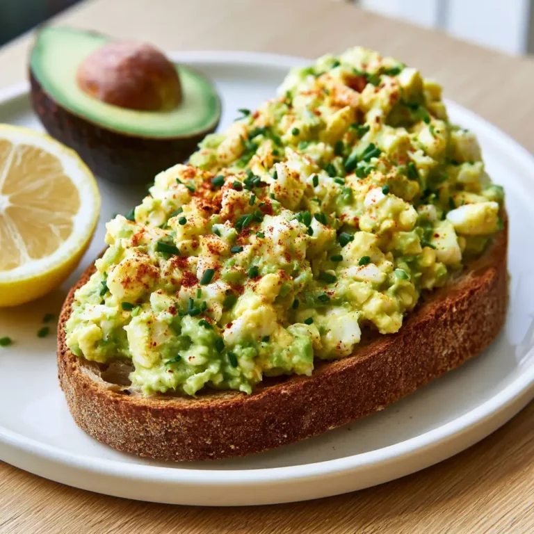 Zesty Avocado Egg Salad on thick sourdough toast showing creamy green-yellow avocado egg mixture with smoked paprika, fresh chives, and chopped egg whites on top