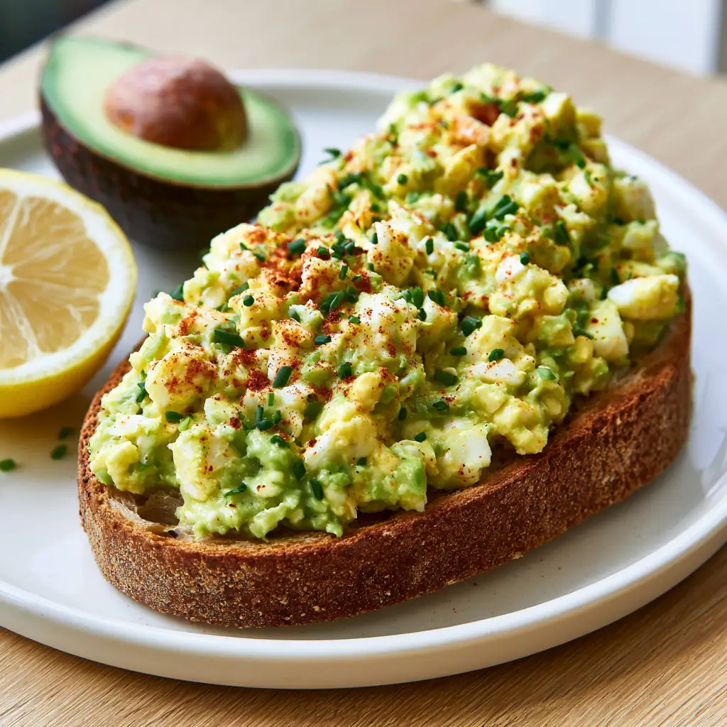 Zesty Avocado Egg Salad on thick sourdough toast showing creamy green-yellow avocado egg mixture with smoked paprika, fresh chives, and chopped egg whites on top