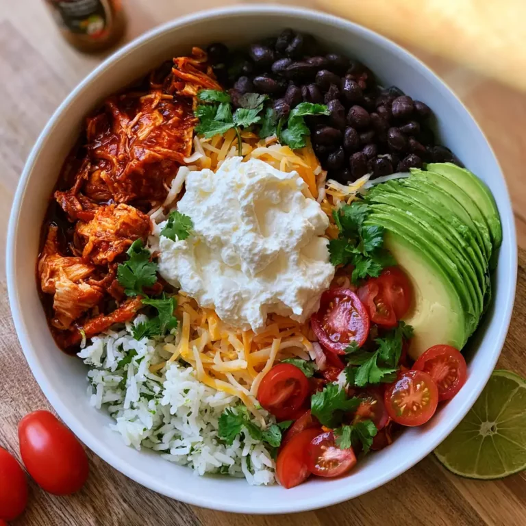 Chicken Cottage Cheese Enchilada Bowls showing shredded enchilada chicken over cilantro-lime rice with black beans, melted cheddar, blended cottage cheese crema, avocado, and fresh cilantro
