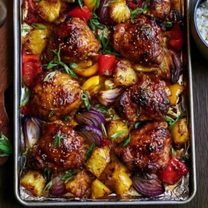 Hawaiian Chicken Sheet Pan on a foil-lined baking sheet showing caramelized chicken thighs with sticky glaze, roasted pineapple chunks, red and yellow bell peppers, and red onion with green onions and sesame seeds