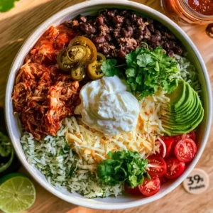 High Protein Chicken Enchilada Bowls showing shredded enchilada chicken over cilantro-lime rice with black beans, corn, melted cheese, Greek yogurt crema, avocado, and fresh cilantro