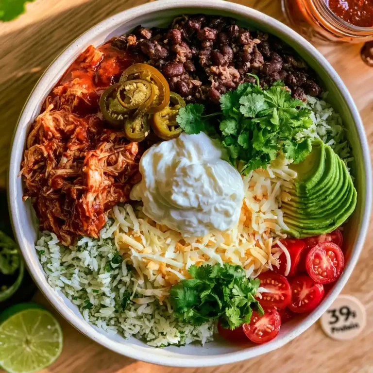 High Protein Chicken Enchilada Bowls showing shredded enchilada chicken over cilantro-lime rice with black beans, corn, melted cheese, Greek yogurt crema, avocado, and fresh cilantro