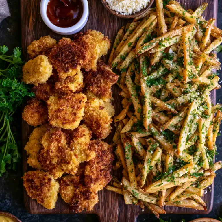 Homemade Panko Chicken Nuggets and Garlic Parmesan Fries on a dark wooden board showing golden crispy nuggets with shatteringly crispy panko crust alongside crispy fries tossed in garlic butter and parmesan with fresh parsley