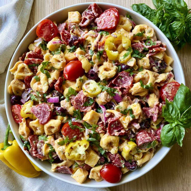 Italian Grinder Tortellini Salad in a wide white bowl showing cheese tortellini with salami, pepperoni, provolone cubes, banana peppers, cherry tomatoes, and fresh basil in creamy grinder dressing