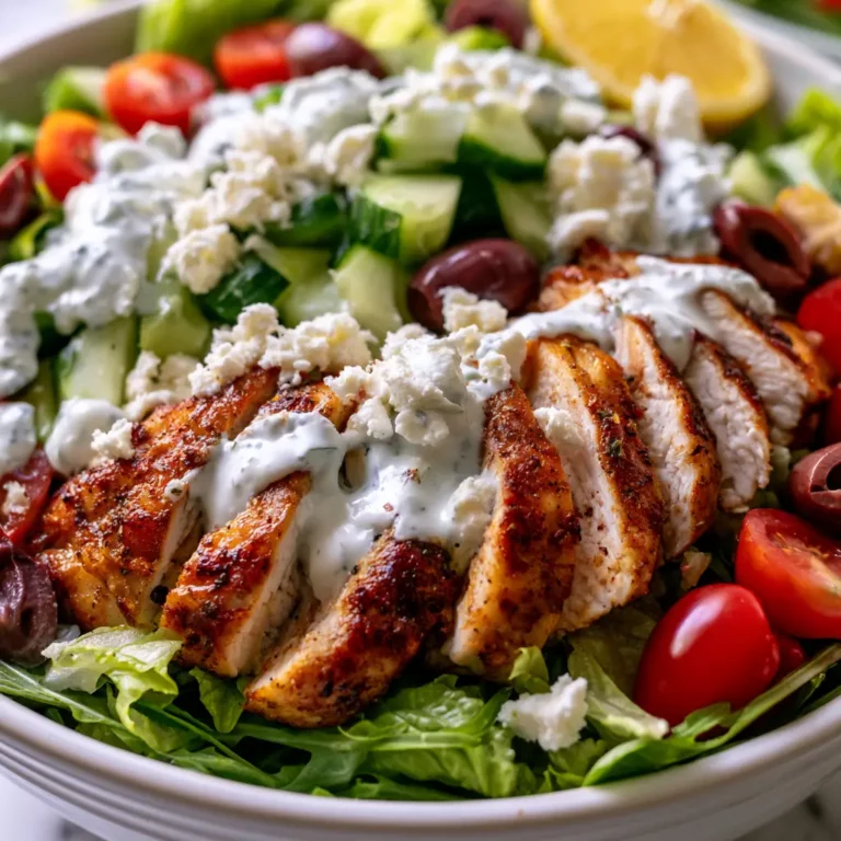 Low Carb Greek Chicken Bowls in a white ceramic bowl showing sliced lemon oregano chicken over romaine and arugula with cucumber, cherry tomatoes, kalamata olives, feta, and tzatziki drizzle