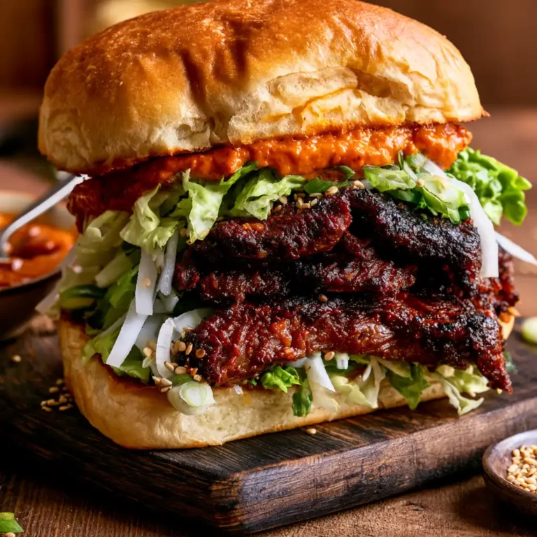 Korean Steak Sandwich on a dark wooden board showing a toasted brioche bun with caramelized bulgogi steak, gochujang aioli, pickled daikon, shredded romaine, and sesame seeds